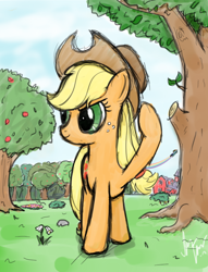 Size: 630x824 | Tagged: safe, artist:sameasusual, applejack, rainbow dash, earth pony, pony, g4, apple, apple tree, female, orchard, rainbow trail, solo focus, sweet apple acres, tree, x0000 milestone