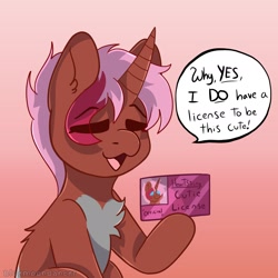 Size: 1790x1788 | Tagged: safe, alternate version, artist:bluemoon, oc, oc only, oc:heartstring fiddler, pony, unicorn, chest fluff, commission, cute, horn, id card, license, solo, speech bubble, text, unicorn oc, ych result