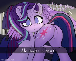Size: 2560x2048 | Tagged: safe, artist:darbedarmoc, starlight glimmer, twilight sparkle, alicorn, pony, unicorn, g4, butt, butt touch, car, car interior, dialogue, featureless crotch, female, he wants to order, high res, lesbian, looking at you, meme, plot, selfie, ship:twistarlight, shipping, spread legs, spreading, tail, twibutt, twilight sparkle (alicorn), two toned mane, two toned tail, wings