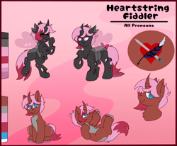 Size: 4084x3368 | Tagged: safe, artist:bluemoon, oc, oc:heartstring fiddler, changeling, pony, unicorn, changeling oc, horn, pink changeling, reference sheet, unicorn oc