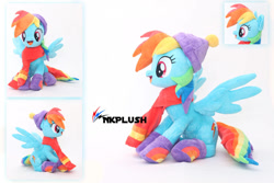 Size: 1095x730 | Tagged: safe, artist:nekokevin, rainbow dash, pegasus, pony, g4, boots, clothes, commission, craft, female, hat, irl, mare, open mouth, open smile, photo, plushie, scarf, shoes, sitting, smiling, solo, winter outfit