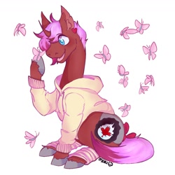 Size: 1300x1300 | Tagged: artist needed, safe, artist:moriiiimori, oc, oc only, oc:heartstring fiddler, butterfly, pony, unicorn, bow, clothes, hoodie, horn, old art, old cutie mark, simple background, unicorn oc, white background