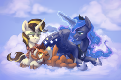 Size: 1500x988 | Tagged: safe, artist:jewellier, part of a set, princess luna, oc, oc:wrench ironbolt, alicorn, pony, unicorn, g4, child, cloud, colt, commission, dream, female, foal, happy, horn, male, mother and child, mother and son, stars, trio, unicorn oc