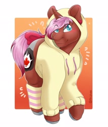 Size: 1751x2048 | Tagged: safe, artist:melpone, oc, oc only, oc:heartstring fiddler, pony, unicorn, blushing, bow, clothes, hoodie, horn, old art, old cutie mark, unicorn oc