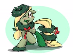 Size: 2048x1536 | Tagged: safe, artist:melodenesa, oc, oc only, oc:festive pudding, earth pony, pony, blushing, christmas, christmas wreath, clothes, earth pony oc, female, floppy ears, holiday, holly, holly mistaken for mistletoe, simple background, socks, solo, white background, wreath