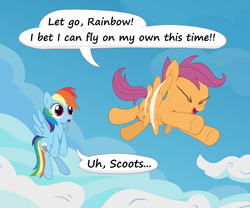 Size: 1918x1593 | Tagged: safe, artist:reconprobe, rainbow dash, scootaloo, pegasus, pony, g4, backwards cutie mark, cloud, eyes closed, flying, open mouth, open smile, scootaloo can fly, smiling, speech bubble