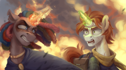 Size: 3600x2000 | Tagged: safe, artist:jewellier, oc, oc only, pony, unicorn, angry, bust, commission, duo, explosion, fire, high res, horn, magic, magic aura, male, portrait, scar, stallion, unicorn oc, worried