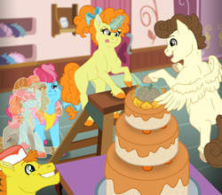 Size: 10160x8943 | Tagged: safe, artist:faitheverlasting, carrot cake, cup cake, pear butter, pound cake, pumpkin cake, earth pony, ghost, ghost pony, pegasus, pony, undead, unicorn, g4, absurd resolution, cake, cake family, cake twins, colt, female, filly, floating, foal, food, glowing, glowing horn, headcanon, horn, ladder, levitation, magic, male, mare, older, older pound cake, older pumpkin cake, pear butter's ghost, siblings, stallion, telekinesis, twins
