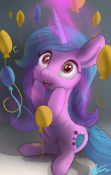 Size: 2800x4400 | Tagged: safe, artist:auroriia, izzy moonbow, pony, unicorn, g5, balloon, birthday, cute, female, glowing, glowing horn, high res, horn, izzybetes, looking up, magic, mare, solo, the new pinkie pie