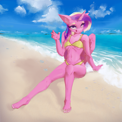 Size: 2063x2057 | Tagged: safe, artist:hitbass, princess cadance, alicorn, anthro, plantigrade anthro, g4, barefoot, beach, bikini, breasts, clothes, cloud, feet, female, high res, looking at you, milf, ocean, reasonably sized breasts, sand, solo, swimsuit, tongue out, underboob, water, waving, waving at you