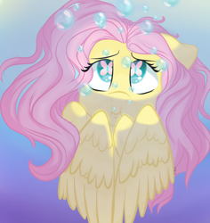 Size: 1280x1355 | Tagged: safe, artist:flutterbug18, fluttershy, pegasus, pony, g4, :i, air bubble, bubble, bust, cutie mark eyes, feather, female, floppy ears, flowing mane, full face view, gradient background, holding breath, mare, ocean, puffy cheeks, solo, stray strand, underwater, water, watershy, wingding eyes, wings