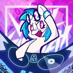 Size: 2048x2048 | Tagged: safe, artist:gobrosstar, dj pon-3, vinyl scratch, pony, unicorn, g4, dj booth, female, headphones, high res, mare, open mouth, open smile, smiling, solo, starry eyes, sunglasses, turntable, wingding eyes, zoom layer