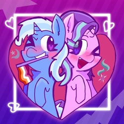 Size: 2048x2048 | Tagged: safe, artist:gobrosstar, starlight glimmer, trixie, pony, unicorn, g4, blushing, chest fluff, female, happy, heart, high res, lesbian, lesbian pride flag, mouth hold, one eye closed, open mouth, open smile, pride, pride flag, ship:startrix, shipping, smiling, wink