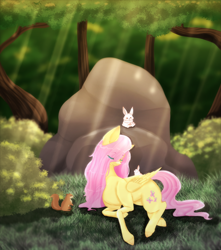 Size: 2500x2834 | Tagged: safe, artist:caramellatte2, fluttershy, pegasus, pony, rabbit, squirrel, g4, animal, bush, crepuscular rays, eye clipping through hair, eyes closed, female, folded wings, forest, grass, high res, lying down, mare, outdoors, prone, rock, solo, tree, turned head, wings