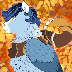 Size: 2000x2000 | Tagged: safe, artist:inisealga, oc, oc only, oc:soaring spirit, pegasus, pony, cheek fluff, chest fluff, clothes, coat markings, facial markings, high res, leaves, male, markings, multicolored hair, multicolored mane, neck fluff, pegasus oc, scarf, solo, stallion, striped scarf, three toned wings, wing fluff, wings