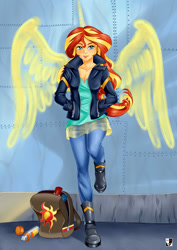 Size: 1000x1414 | Tagged: safe, artist:lord--opal, sunset shimmer, human, equestria girls, g4, backpack, breasts, hand in pocket, horn, human coloration, looking at you, spray can, spray paint, wings