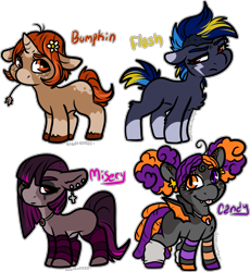 Size: 1609x1748 | Tagged: safe, artist:sexygoatgod, oc, oc only, bat pony, earth pony, pony, unicorn, adoptable, chibi, clothes, country, ear piercing, female, floppy ears, flower, flower in hair, freckles, goth, halloween, holiday, jewelry, leg warmers, makeup, necklace, pacifier, piercing, running makeup, shaved head, simple background, stockings, thigh highs, tongue out, transparent background