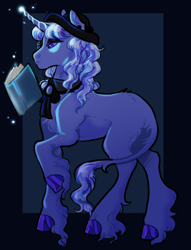 Size: 1432x1876 | Tagged: safe, artist:cactiflowers, oc, oc only, classical unicorn, pony, unicorn, book, cloven hooves, collar, hat, horn, leonine tail, magic, solo, tail, unshorn fetlocks