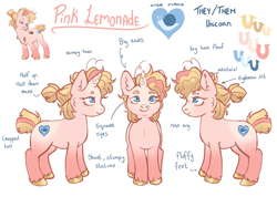 Size: 2048x1535 | Tagged: safe, artist:pink lemonade, oc, oc only, oc:pink lemonade, pony, snail, unicorn, ear piercing, earring, eyebrow slit, eyebrows, jewelry, looking down, nose piercing, nostril piercing, open mouth, piercing, ponysona, reference sheet, short tail, smiling, solo, tail, unshorn fetlocks