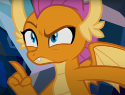 Size: 1022x771 | Tagged: safe, screencap, smolder, dragon, g4, what lies beneath, cropped, dragoness, female, pointing, raised eyebrow, solo