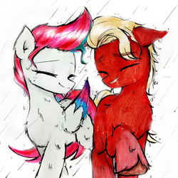Size: 1968x1968 | Tagged: safe, artist:liaaqila, sprout cloverleaf, zipp storm, earth pony, pegasus, pony, g5, my little pony: a new generation, adorazipp, cute, drawing, duo, duo male and female, eyes closed, female, male, mare, rain, ship:cloverstorm, shipping, simple background, smiling, sproutbetes, stallion, straight, traditional art, wet, wet mane, white background