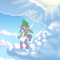 Size: 3000x3000 | Tagged: safe, artist:parumpi, spike, dragon, g4, sweet and smoky, cloud, cloud diaper, cloud pacifier, diaper, high res, male, scene interpretation, winged spike, wings