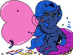 Size: 2425x1848 | Tagged: safe, artist:puffydearlysmith, derpibooru exclusive, princess luna, alicorn, pony, g4, balloon, beach ball, blowing up balloons, confetti, crown, ear fluff, ear piercing, earring, ethereal mane, female, heart, heart balloon, inflating, jewelry, lidded eyes, looking at you, loonerluna, mare, piercing, regalia, simple background, starry mane, starry tail, tail, that pony sure does love balloons, transparent background