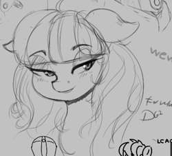 Size: 814x738 | Tagged: safe, artist:thelunarmoon, oc, oc only, pony, blushing, eyeshadow, female, grayscale, lidded eyes, looking sideways, makeup, mare, monochrome, smiling