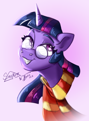 Size: 2675x3610 | Tagged: safe, artist:sonyager, artist:tyleks, twilight sparkle, alicorn, pony, g4, bust, clothes, collaboration, female, glasses, gradient background, grin, harry potter, harry potter (series), high res, mare, round glasses, scarf, smiling, solo, striped scarf, twilight sparkle (alicorn)