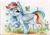 Size: 2048x1454 | Tagged: safe, artist:dearmary, rainbow dash, butterfly, pegasus, pony, g4, 2014, flower, mouth hold, smiling, solo, traditional art