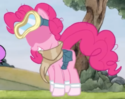 Size: 307x243 | Tagged: safe, artist:awesome toon, pinkie pie, earth pony, pony, g4, bag, clothes, cursed image, dusk till dawn, female, goggles, hair bun, mare, no eyes, pibby, saddle bag, scarf, smiling, socks, tree, youtube link