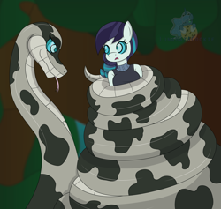 Size: 2669x2533 | Tagged: safe, artist:lunahazacookie, coloratura, earth pony, snake, anthro, g4, clothes, coils, forest, high res, hypno eyes, hypnosis, kaa (2016), kaa eyes, looking at each other, looking at someone, outdoors, wrapping