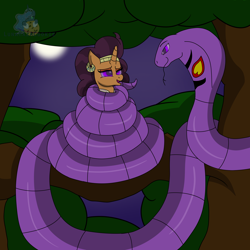 Size: 3000x3000 | Tagged: safe, artist:lunahazacookie, saffron masala, arbok, pony, unicorn, g4, coils, female, forest, high res, hypno eyes, hypnosis, kaa eyes, mare, outdoors, pokémon