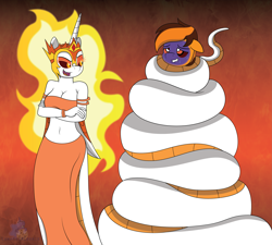 Size: 3375x3038 | Tagged: safe, artist:lunahazacookie, daybreaker, alicorn, lamia, anthro, g4, breasts, cleavage, clothes, coils, constriction, crossed arms, female, femdom, high res, hypno eyes, hypnosis, lamiafied, male, mane of fire, species swap, submissive, sweat