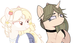 Size: 1280x746 | Tagged: safe, artist:arina-gremyako, oc, oc only, earth pony, pony, unicorn, choker, duo, earth pony oc, hooves together, horn, looking back, simple background, transparent background, unicorn oc