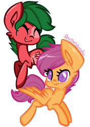 Size: 1000x1414 | Tagged: safe, artist:oniiponii, scootaloo, oc, pegasus, pony, g4, duo, ear fluff, female, filly, foal, pegasus oc, simple background, transparent background, wings