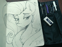 Size: 2048x1555 | Tagged: safe, artist:thelunarmoon, fluttershy, pegasus, pony, g4, chest fluff, clothes, doodle, eraser, female, lidded eyes, mare, pouch, signature, sketchbook, solo, traditional art