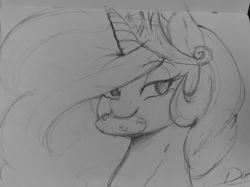 Size: 2048x1535 | Tagged: safe, artist:thelunarmoon, princess celestia, alicorn, pony, g4, cookie, female, food, grayscale, lidded eyes, mare, monochrome, mouth hold, smiling, solo, traditional art