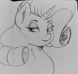 Size: 2048x1944 | Tagged: safe, artist:thelunarmoon, rarity, pony, unicorn, g4, female, grayscale, lidded eyes, mare, monochrome, smiling, solo, traditional art