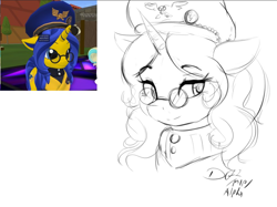 Size: 988x740 | Tagged: safe, artist:thelunarmoon, oc, oc only, pony, unicorn, doodle, female, glasses, hat, lidded eyes, mare, smiling, solo