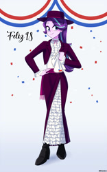 Size: 625x1000 | Tagged: safe, artist:riouku, starlight glimmer, human, equestria girls, g4, boots, chile, clothes, coat, commission, confetti, context in comments, cute, dress, eyeshadow, fedora, female, glimmerbetes, hat, high heel boots, looking at you, makeup, shoes, smiling, solo