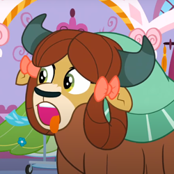 Size: 728x728 | Tagged: safe, screencap, yona, yak, g4, season 9, she's all yak, bow, cropped, female, hair bow, monkey swings, open mouth, solo, tongue out