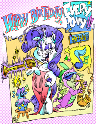 Size: 3191x4090 | Tagged: safe, artist:grotezco, artist:tokiotoyy2k, rarity, spike, dragon, pony, unicorn, mlp fim's twelfth anniversary, g4, anniversary, bipedal, birthday, clothes, cupcake, evening, food, glasses, happy birthday mlp:fim, makeup, microphone stand, music notes, musical instrument, outfit catalog, pose, saxophone, singing, solo, vintage