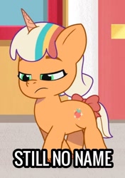 Size: 1024x1452 | Tagged: safe, edit, edited screencap, screencap, peach fizz, pony, unicorn, g5, my little pony: tell your tale, one trick pony (episode), spoiler:g5, spoiler:my little pony: tell your tale, spoiler:tyts01e20, bow, female, filly, foal, pippsqueaks, solo, tail, tail bow