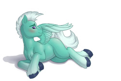 Size: 1028x690 | Tagged: safe, artist:anadukune, thunder flap, pegasus, pony, g5, blushing, cute, lying down, male, missing accessory, on side, simple background, solo, stallion, thundorable, unshorn fetlocks, white background