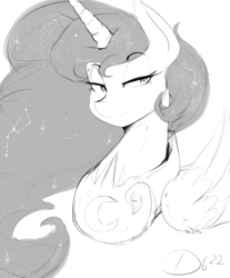 Size: 2700x3262 | Tagged: safe, artist:thelunarmoon, princess luna, alicorn, pony, g4, constellation, doodle, female, grayscale, high res, lidded eyes, mare, monochrome, peytral, smiling, solo, wings
