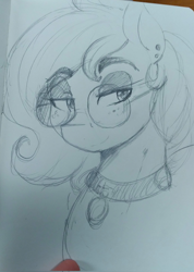 Size: 1462x2048 | Tagged: safe, artist:thelunarmoon, oc, oc only, pony, collar, doodle, ear piercing, eyeshadow, female, freckles, glasses, lidded eyes, makeup, mare, monochrome, piercing, solo, traditional art
