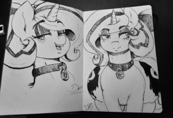 Size: 2048x1400 | Tagged: safe, artist:thelunarmoon, oc, oc only, oc:lilith, pony, succubus, unicorn, both cutie marks, collar, doodle, eyeshadow, fangs, female, freckles, inked, lidded eyes, makeup, monochrome, open mouth, open smile, sketchbook, smiling, solo, traditional art, wide hips