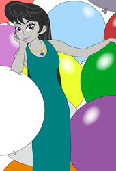 Size: 618x908 | Tagged: safe, artist:hakdurbin, octavia melody, human, equestria girls, g4, balloon, clothes, dress, female, heart necklace, looking at you, older, pose, smiling