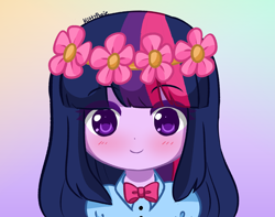 Size: 3549x2798 | Tagged: safe, artist:kittyrosie, twilight sparkle, human, equestria girls, g4, eyebrows, eyebrows visible through hair, floral head wreath, flower, flower in hair, gradient background, high res, simple background, solo